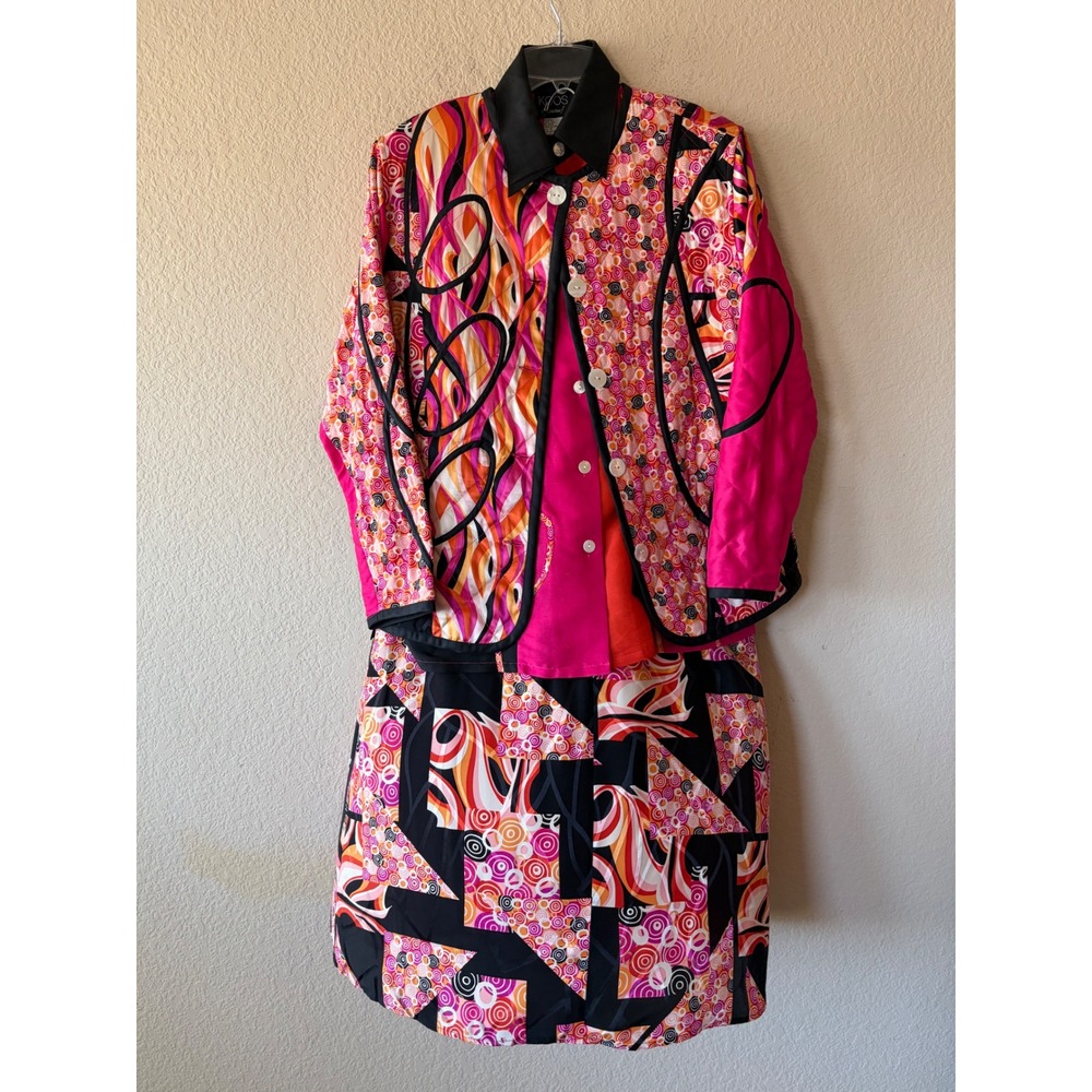 Koos of Course Vintage 3 Piece Silk Set Jacket Shirt Skirt Pink Red Black S